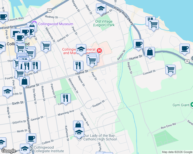 map of restaurants, bars, coffee shops, grocery stores, and more near 355 Peel Street in Collingwood