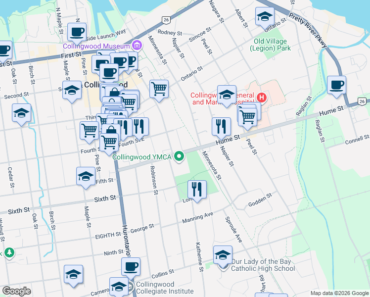 map of restaurants, bars, coffee shops, grocery stores, and more near 55 Saint Peter Street in Collingwood