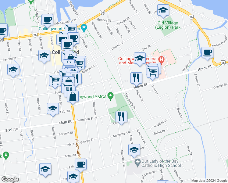 map of restaurants, bars, coffee shops, grocery stores, and more near 55 Saint Peter Street in Collingwood