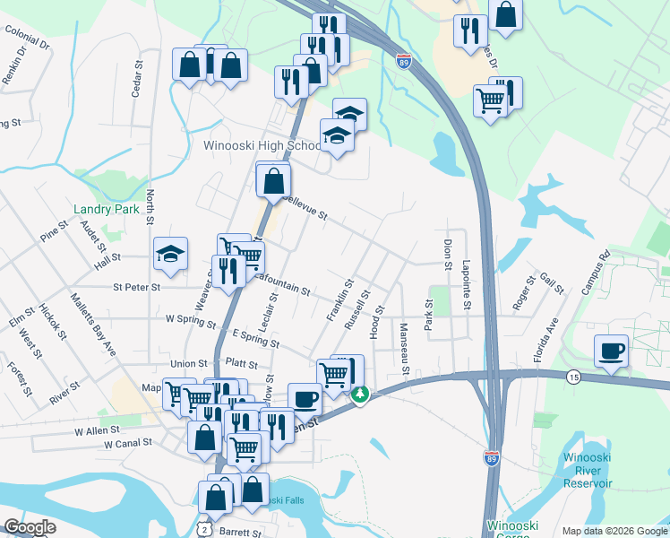 map of restaurants, bars, coffee shops, grocery stores, and more near 11 Pleasant Street in Winooski
