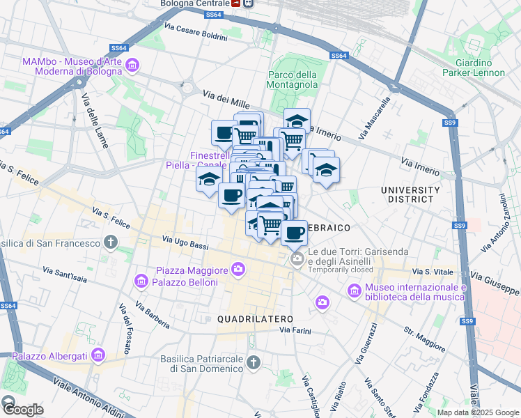 map of restaurants, bars, coffee shops, grocery stores, and more near 9 Via Goito in Bologna