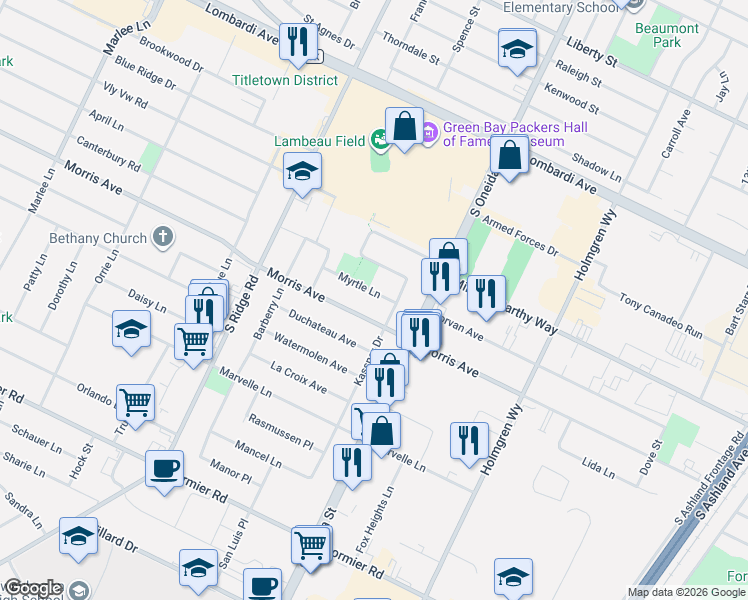 map of restaurants, bars, coffee shops, grocery stores, and more near 919 Park Ridge Drive in Green Bay