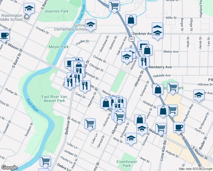map of restaurants, bars, coffee shops, grocery stores, and more near 1652 Kimball Street in Green Bay