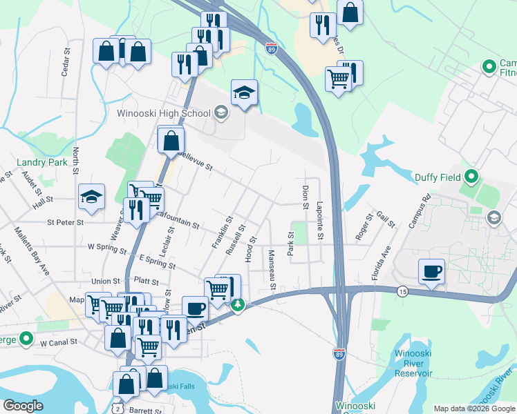 map of restaurants, bars, coffee shops, grocery stores, and more near 155 Franklin Street in Winooski