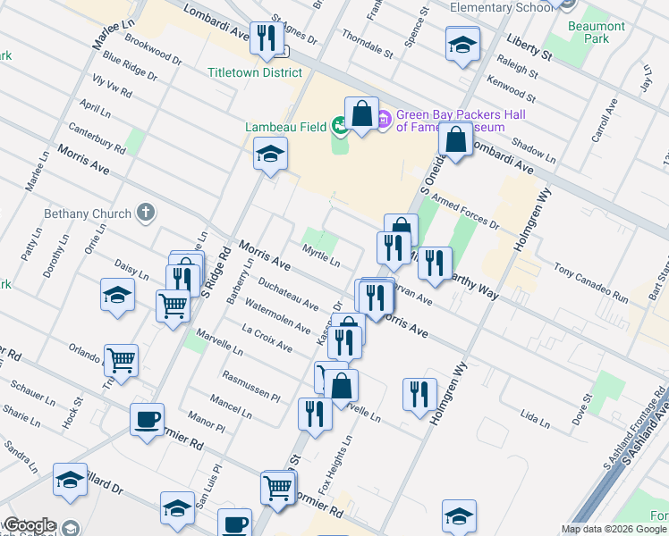 map of restaurants, bars, coffee shops, grocery stores, and more near 919 Park Ridge Drive in Green Bay