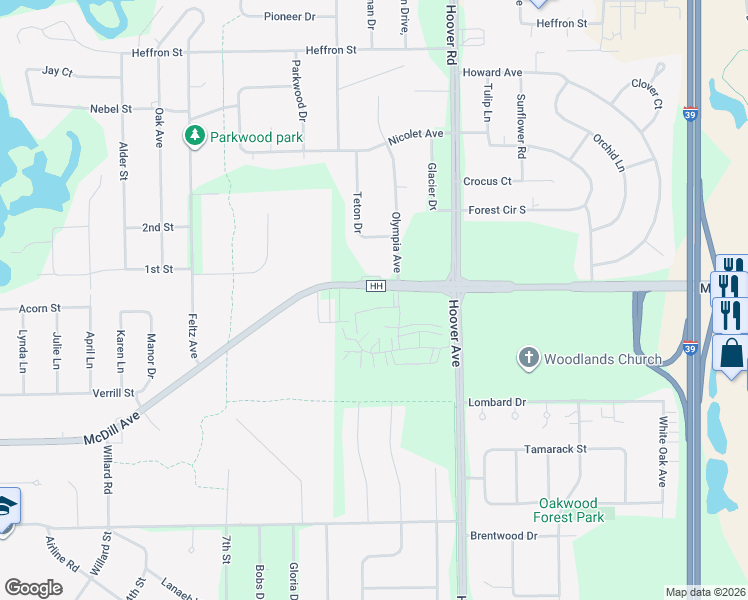 map of restaurants, bars, coffee shops, grocery stores, and more near 4902 County Road HH in Stevens Point