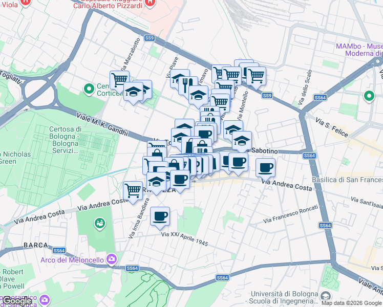 map of restaurants, bars, coffee shops, grocery stores, and more near 24 Via Tolmino in Bologna