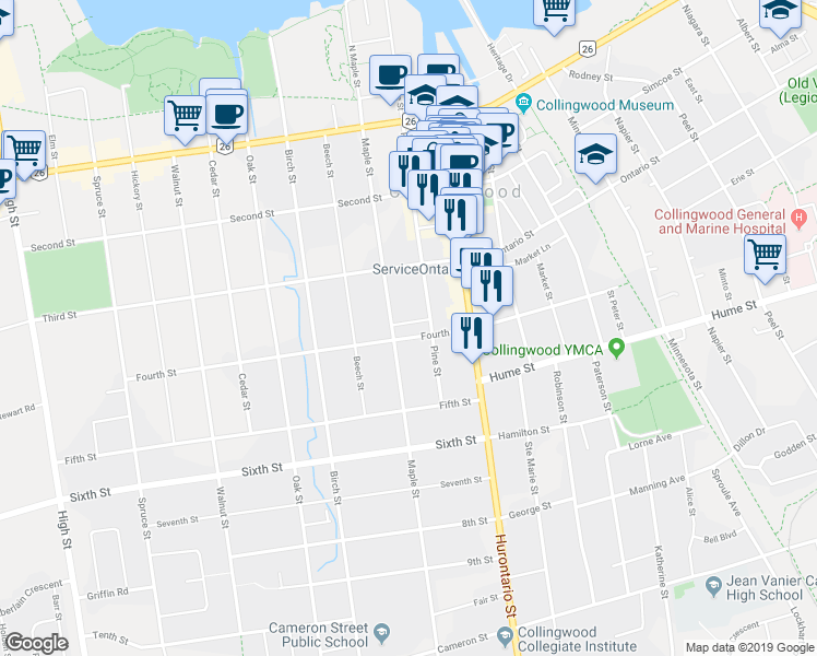 map of restaurants, bars, coffee shops, grocery stores, and more near 77 Fourth Street West in Collingwood