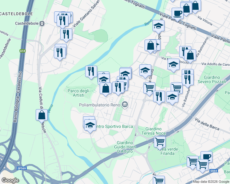 map of restaurants, bars, coffee shops, grocery stores, and more near 3 Via Riccardo Wagner in Bologna