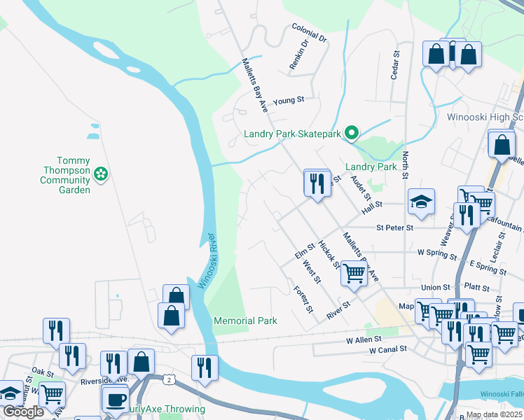 map of restaurants, bars, coffee shops, grocery stores, and more near 211 West Street in Winooski