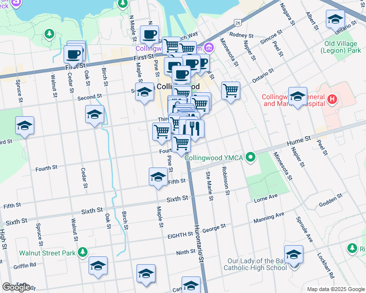map of restaurants, bars, coffee shops, grocery stores, and more near 220 Hurontario Street in Collingwood