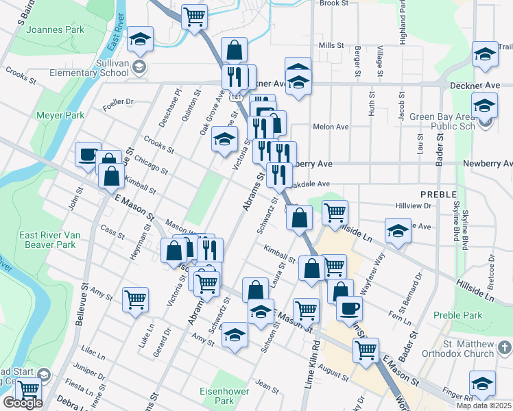map of restaurants, bars, coffee shops, grocery stores, and more near 1717 Crooks Street in Green Bay