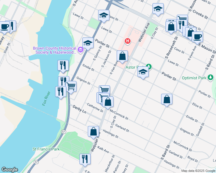 map of restaurants, bars, coffee shops, grocery stores, and more near 1120 South Van Buren Street in Green Bay