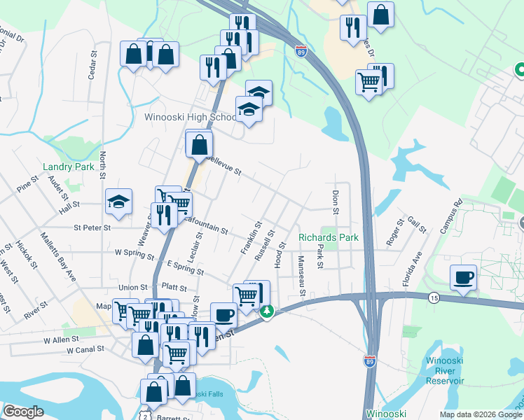 map of restaurants, bars, coffee shops, grocery stores, and more near 11 Pleasant Street in Winooski