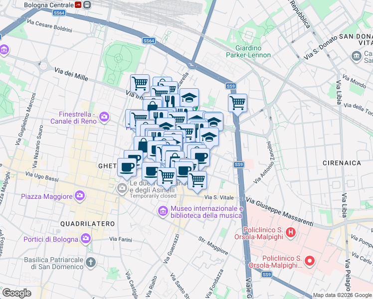 map of restaurants, bars, coffee shops, grocery stores, and more near 48 Via delle Belle Arti in Bologna