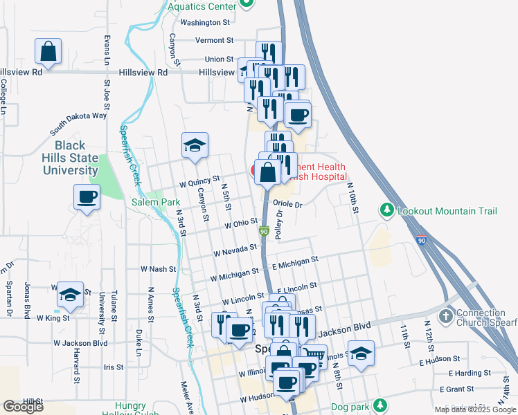 map of restaurants, bars, coffee shops, grocery stores, and more near 1330 North Main Street in Spearfish