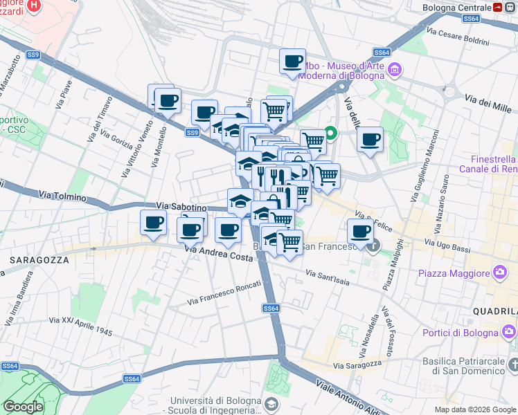map of restaurants, bars, coffee shops, grocery stores, and more near 17 Via Monaldo Calari in Bologna