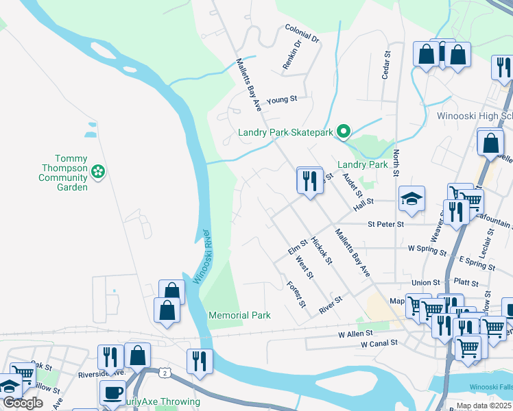map of restaurants, bars, coffee shops, grocery stores, and more near 211 West Street in Winooski
