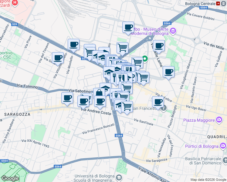 map of restaurants, bars, coffee shops, grocery stores, and more near 17 Via Monaldo Calari in Bologna