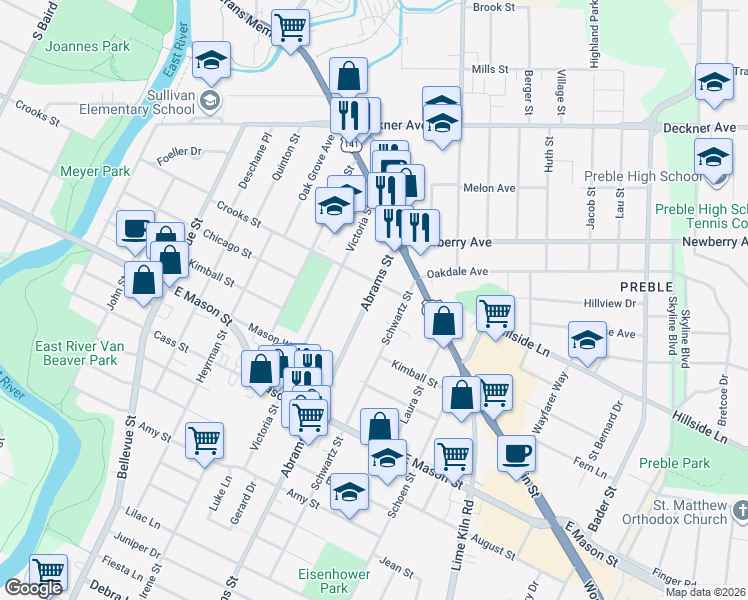 map of restaurants, bars, coffee shops, grocery stores, and more near 1696 Crooks Street in Green Bay