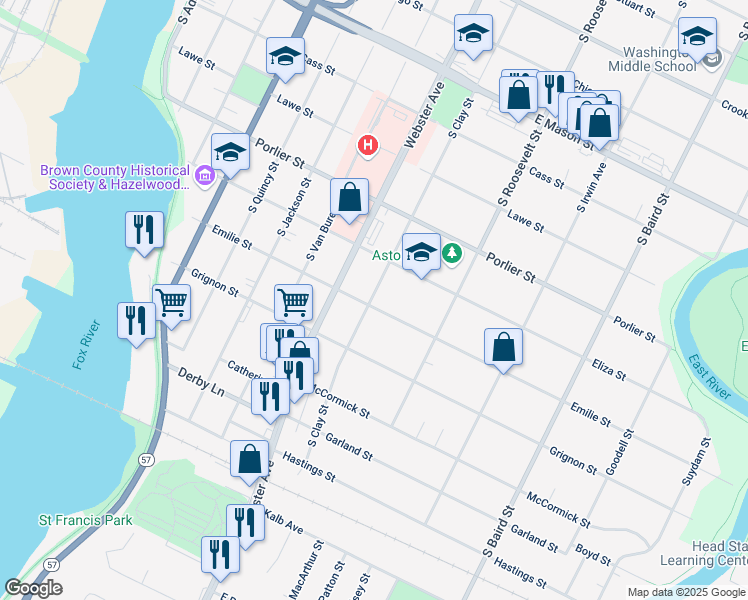 map of restaurants, bars, coffee shops, grocery stores, and more near 1030 South Clay Street in Green Bay