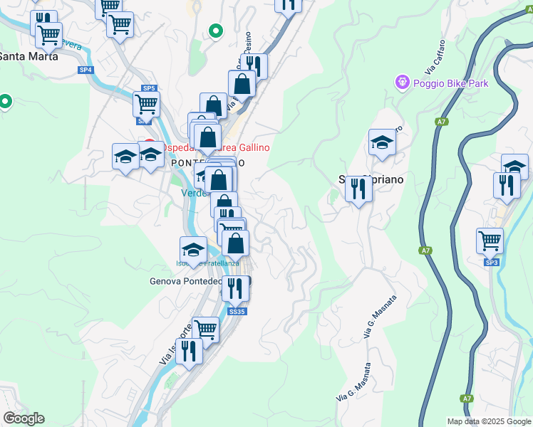 map of restaurants, bars, coffee shops, grocery stores, and more near 25 Via Pietro Dellepiane in Pedemonte