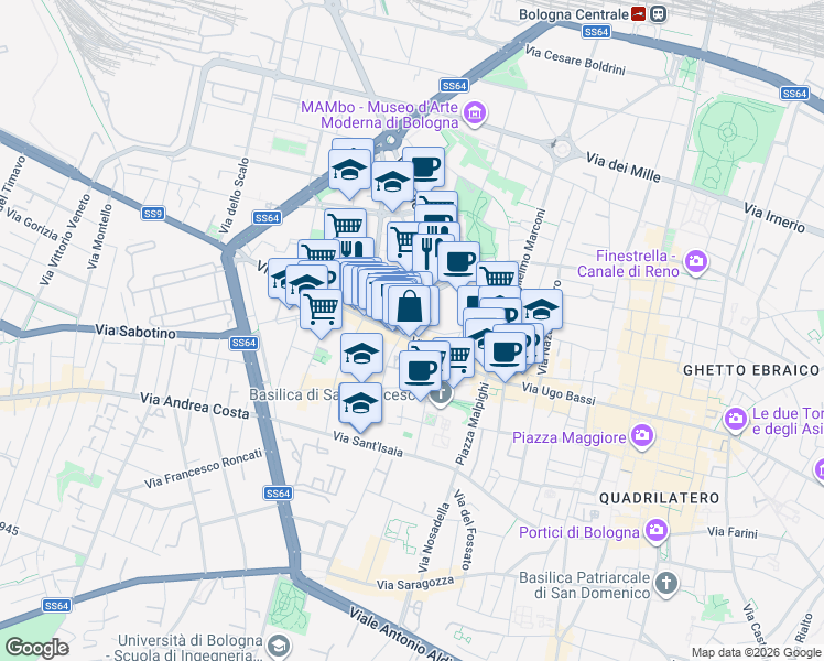 map of restaurants, bars, coffee shops, grocery stores, and more near in Bologna