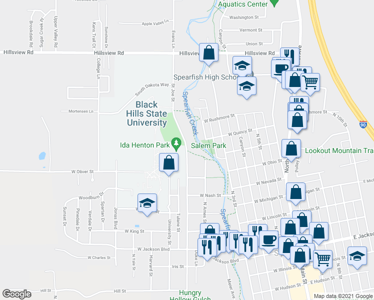 map of restaurants, bars, coffee shops, grocery stores, and more near 1256 Saint Joe Street in Spearfish