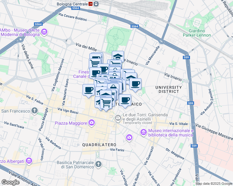 map of restaurants, bars, coffee shops, grocery stores, and more near 1 Via delle Oche in Bologna