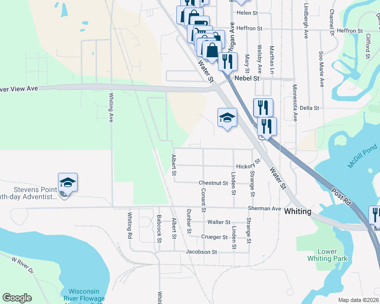 map of restaurants, bars, coffee shops, grocery stores, and more near 720 Polk Street in Stevens Point