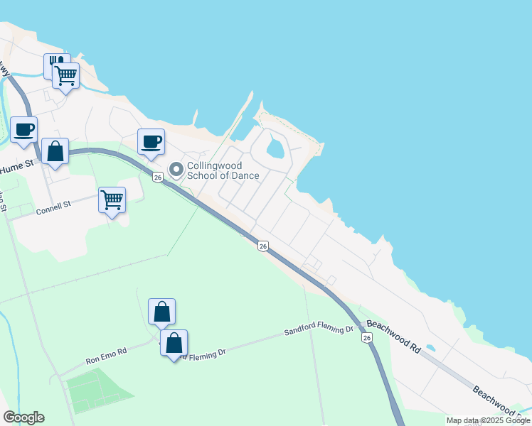 map of restaurants, bars, coffee shops, grocery stores, and more near 11 Marine View Drive in Collingwood