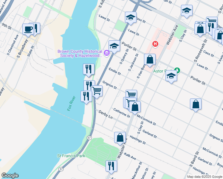 map of restaurants, bars, coffee shops, grocery stores, and more near 1147 South Quincy Street in Green Bay
