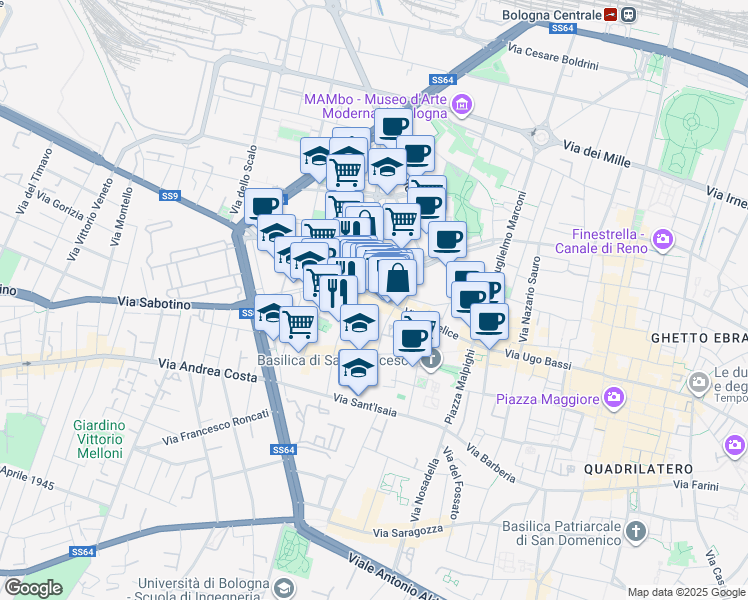 map of restaurants, bars, coffee shops, grocery stores, and more near 52 Via San Felice in Bologna