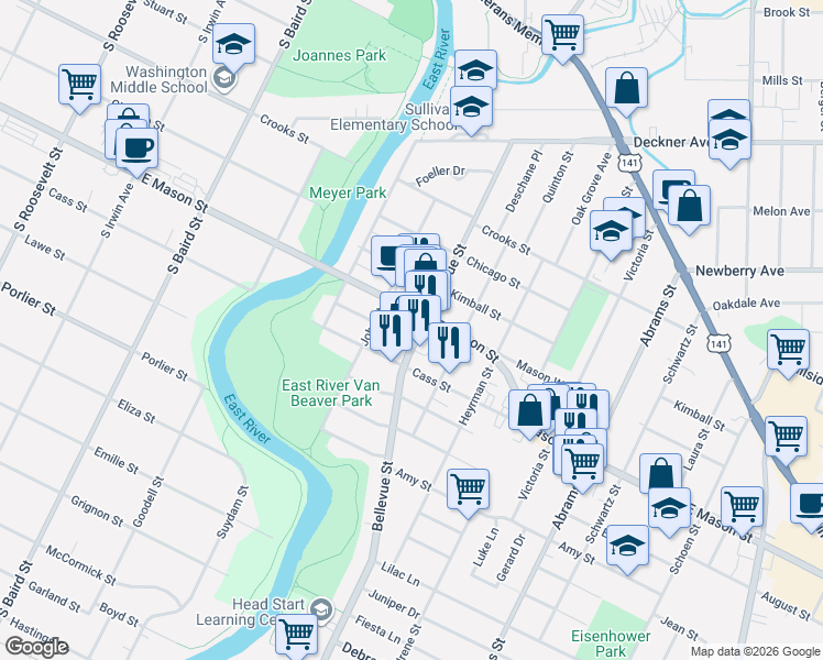 map of restaurants, bars, coffee shops, grocery stores, and more near 1582 East Mason Street in Green Bay