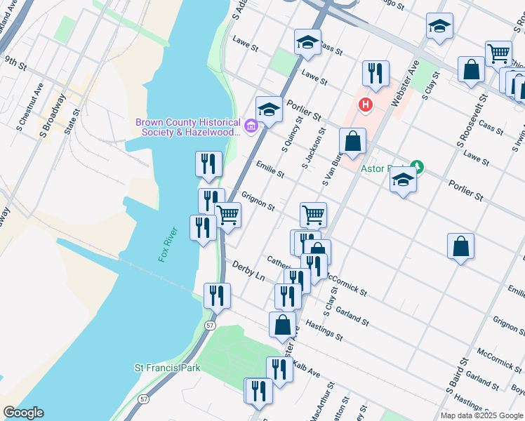 map of restaurants, bars, coffee shops, grocery stores, and more near 1147 South Quincy Street in Green Bay