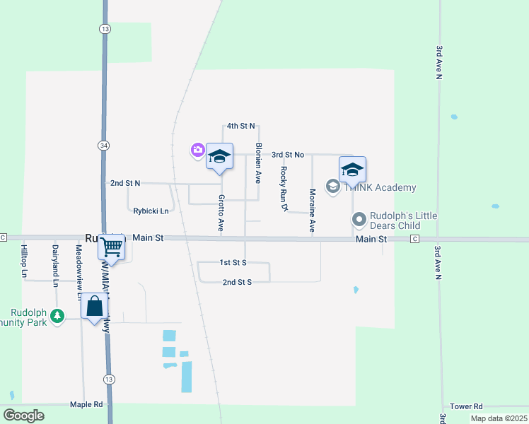 map of restaurants, bars, coffee shops, grocery stores, and more near 6947 Rocky Run Drive in Rudolph