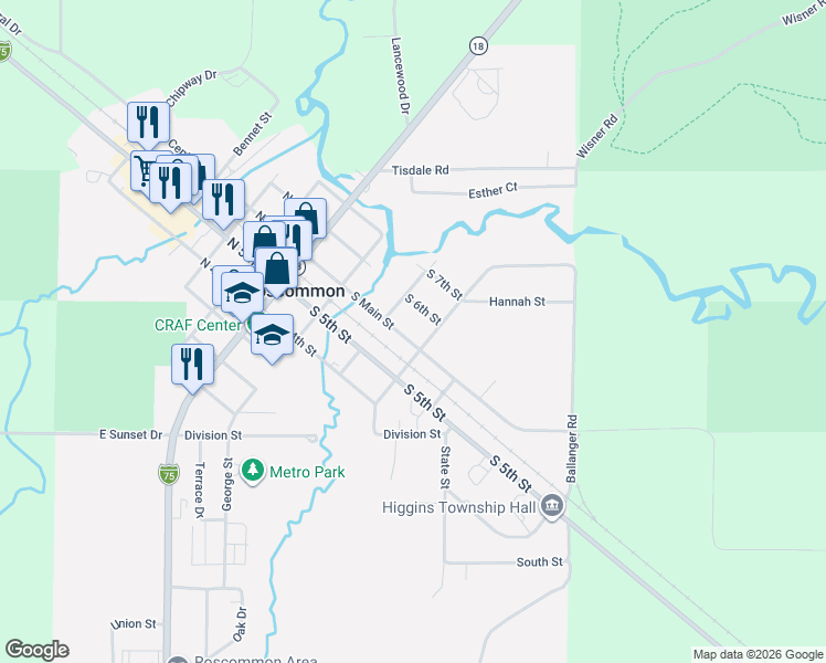 map of restaurants, bars, coffee shops, grocery stores, and more near 301-399 South Main Street in Roscommon