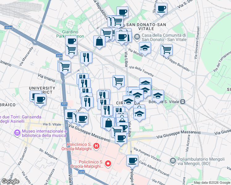 map of restaurants, bars, coffee shops, grocery stores, and more near 64-70 Via Giuseppe Bentivogli in Bologna