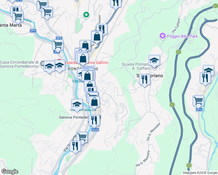 map of restaurants, bars, coffee shops, grocery stores, and more near 25 Via Pietro Dellepiane in Pedemonte