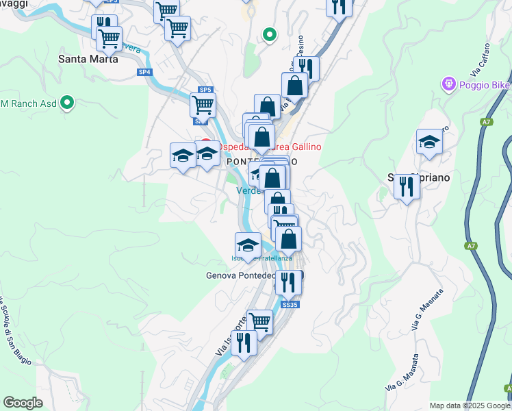 map of restaurants, bars, coffee shops, grocery stores, and more near Passerella dei Frati Cappuccini in Genova