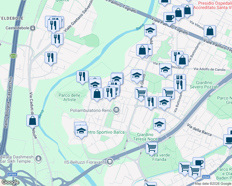 map of restaurants, bars, coffee shops, grocery stores, and more near 4 Via Leonardo Da Vinci in Bologna