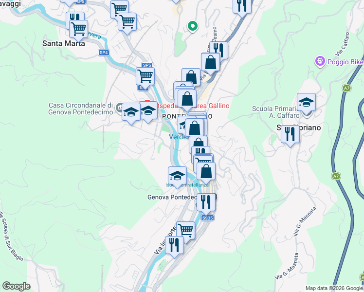 map of restaurants, bars, coffee shops, grocery stores, and more near Passerella dei Frati Cappuccini in Genoa