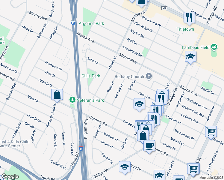 map of restaurants, bars, coffee shops, grocery stores, and more near 2187 Patty Lane in Green Bay
