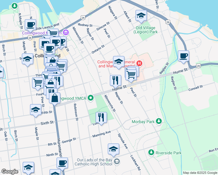 map of restaurants, bars, coffee shops, grocery stores, and more near 305 Hume Street in Collingwood