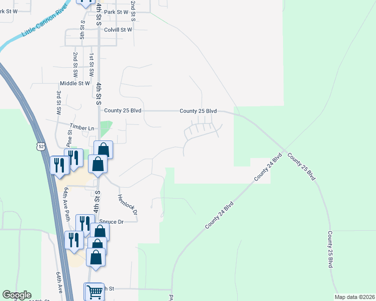 map of restaurants, bars, coffee shops, grocery stores, and more near 6694 Bluff Drive in Cannon Falls