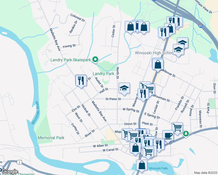 map of restaurants, bars, coffee shops, grocery stores, and more near 31 Hall Street in Winooski