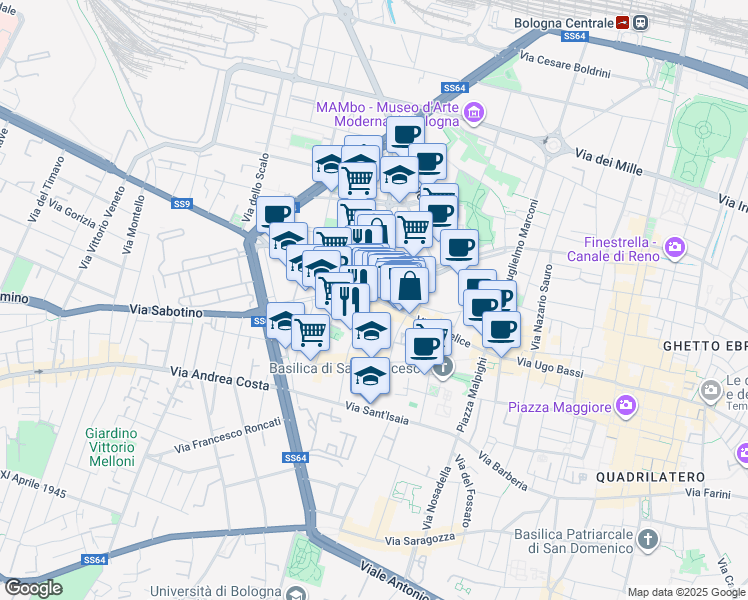 map of restaurants, bars, coffee shops, grocery stores, and more near 52 Via San Felice in Bologna