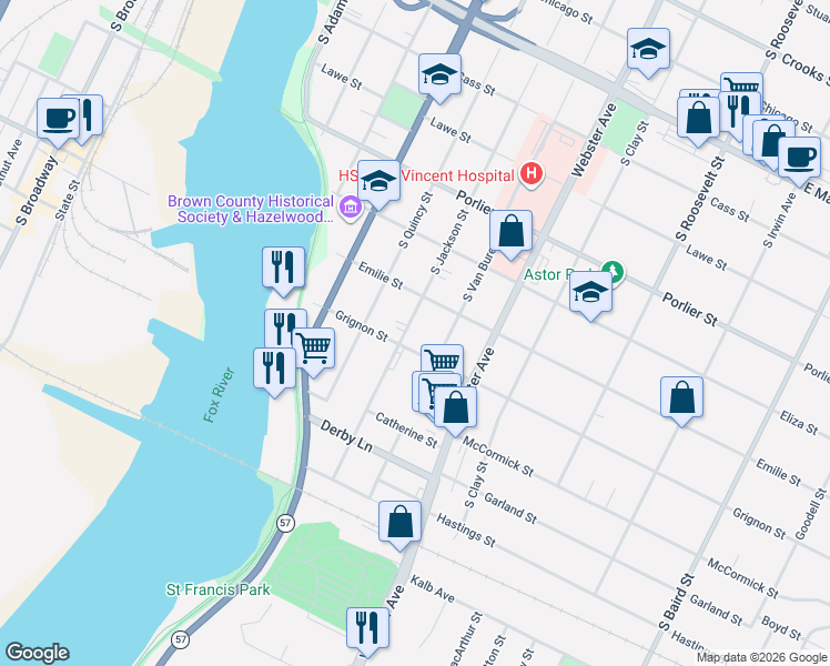 map of restaurants, bars, coffee shops, grocery stores, and more near 1133 South Jackson Street in Green Bay