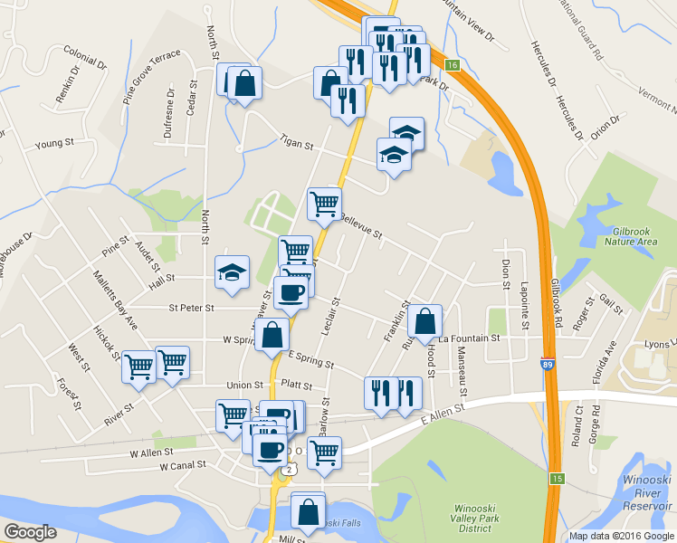map of restaurants, bars, coffee shops, grocery stores, and more near 32 Burling Street in Winooski