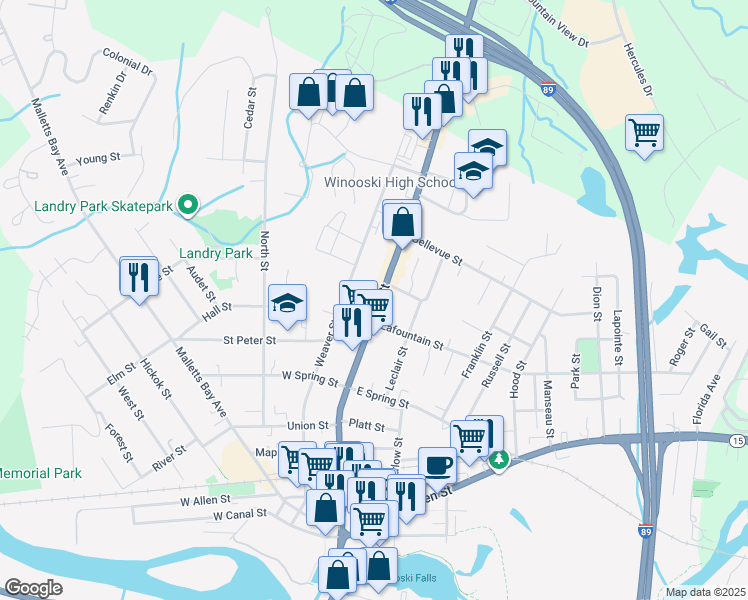 map of restaurants, bars, coffee shops, grocery stores, and more near 266 Main Street in Winooski